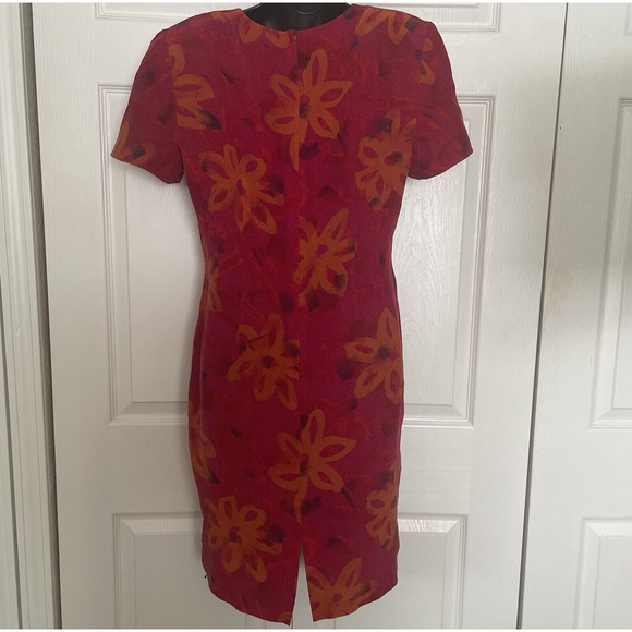 Vintage 90s Maggie London Silk Dress Women 10 Red Orange Floral Bloomcore Sheath - Picture 3 of 10